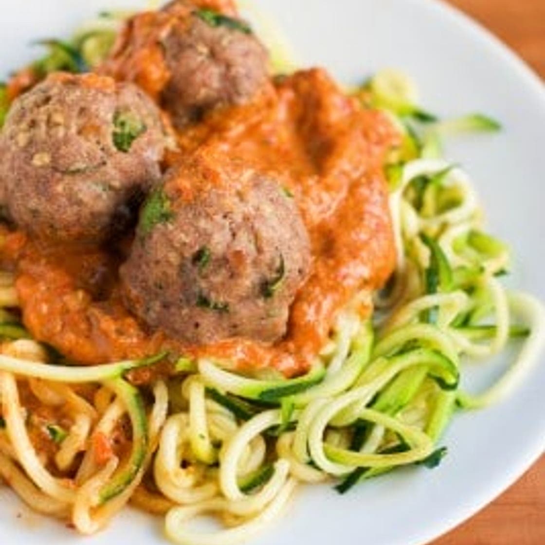 Zoodles with Turkey Meatballs in Roasted Red Pepper Sauce