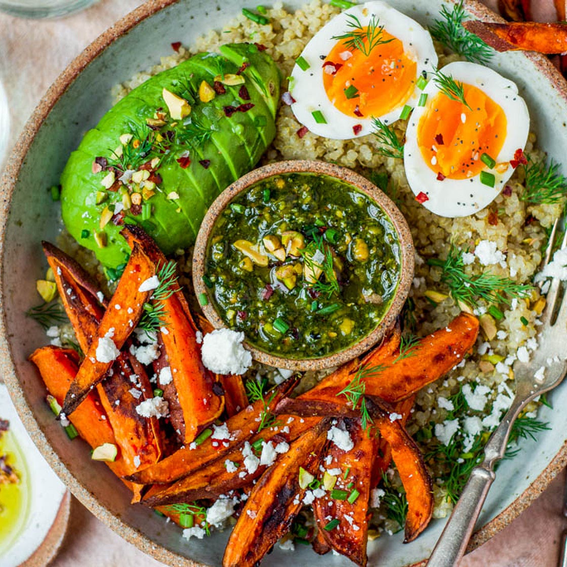 Gut-Friendly Sweet Potato Pesto + Quinoa Breakfast Bowl
