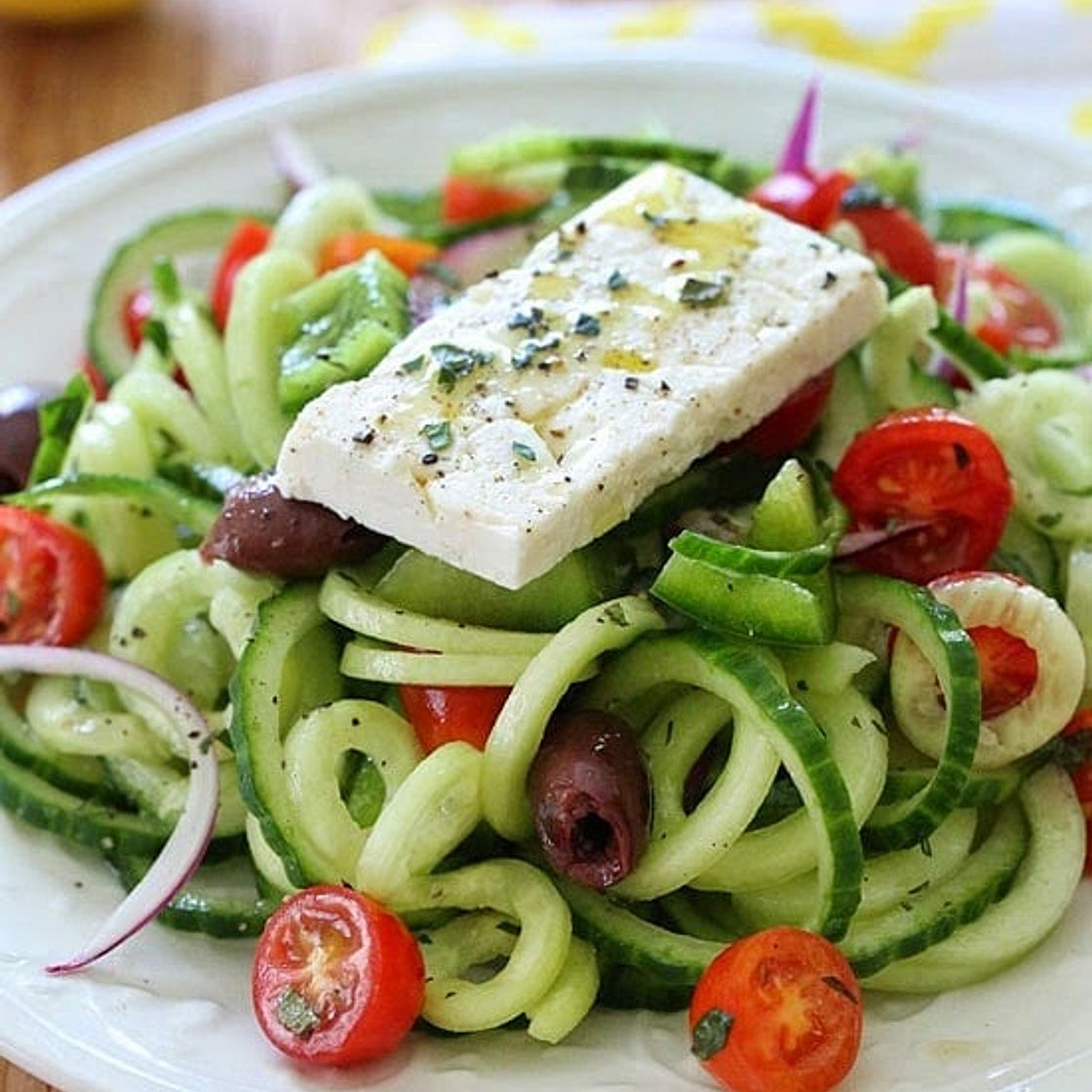 Spiralized Greek Cucumber Salad with Lemon and Feta