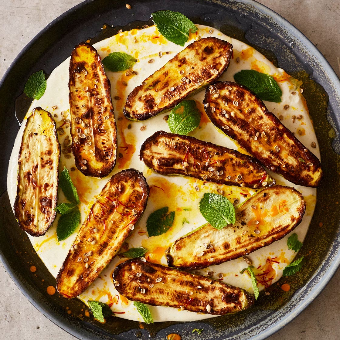 Grilled courgettes with warm yoghurt and saffron butter