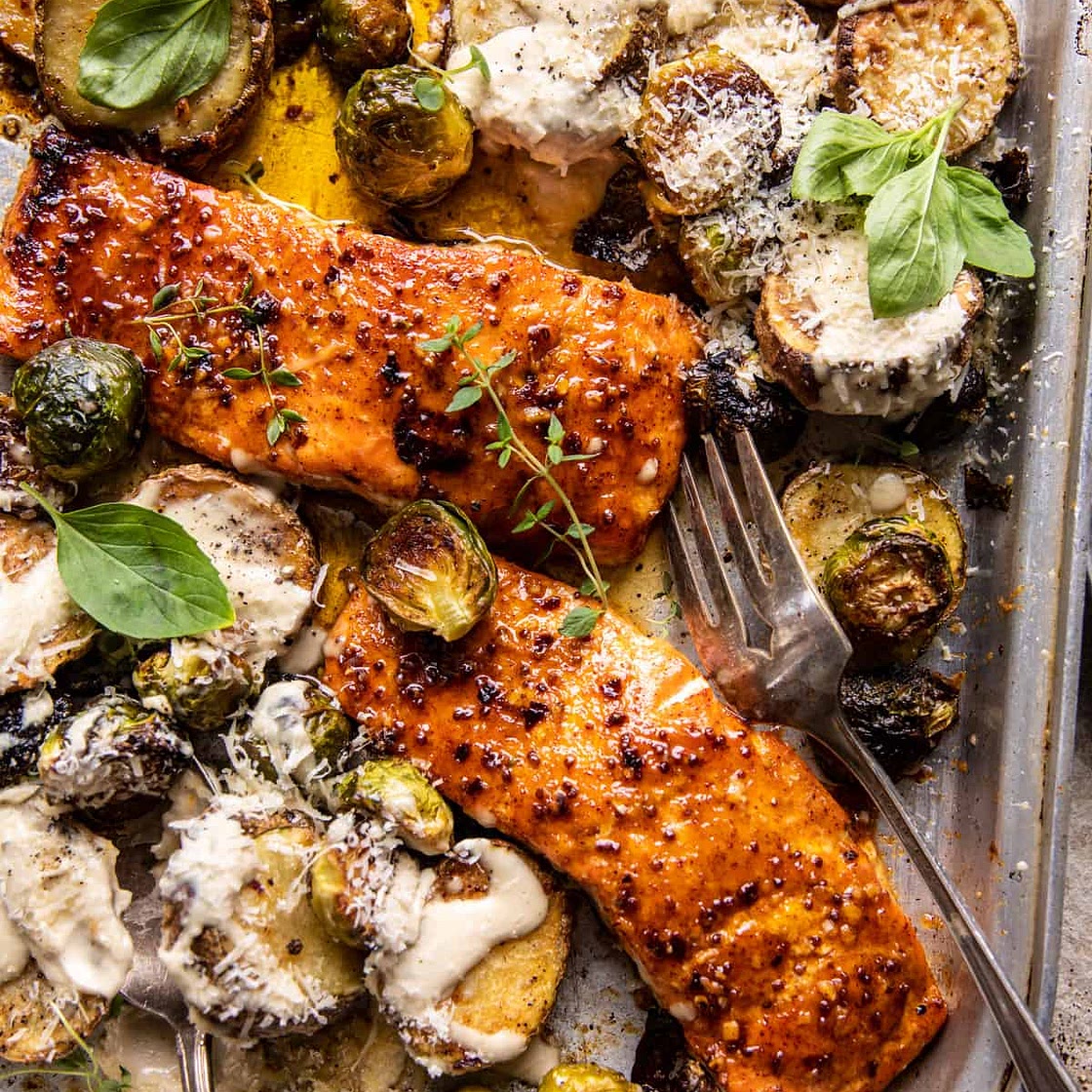 Sheet Pan Honey Mustard Salmon with Caesar Roasted Potatoes