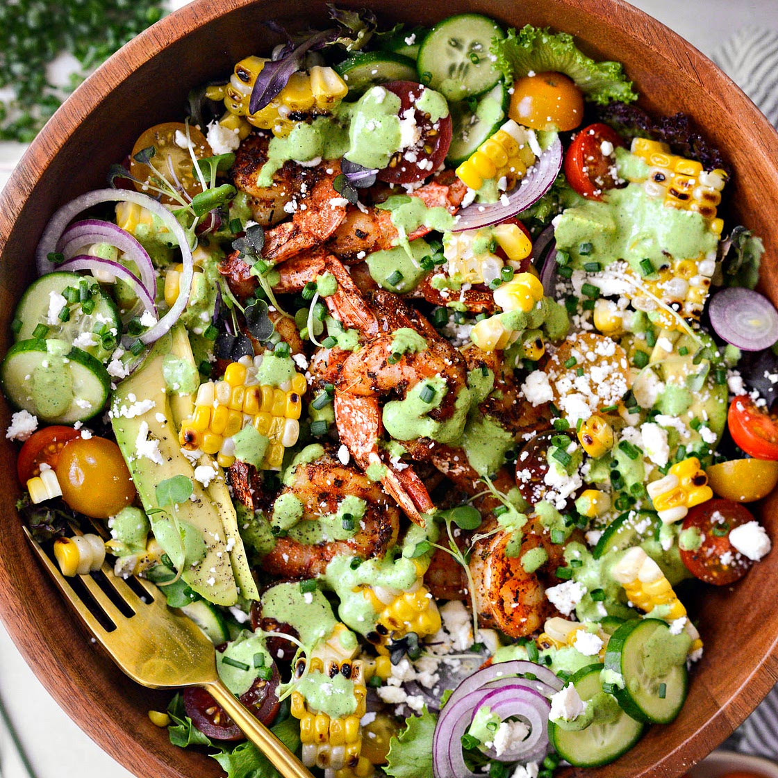 Blackened Shrimp Summer Salad with Corn and Feta
