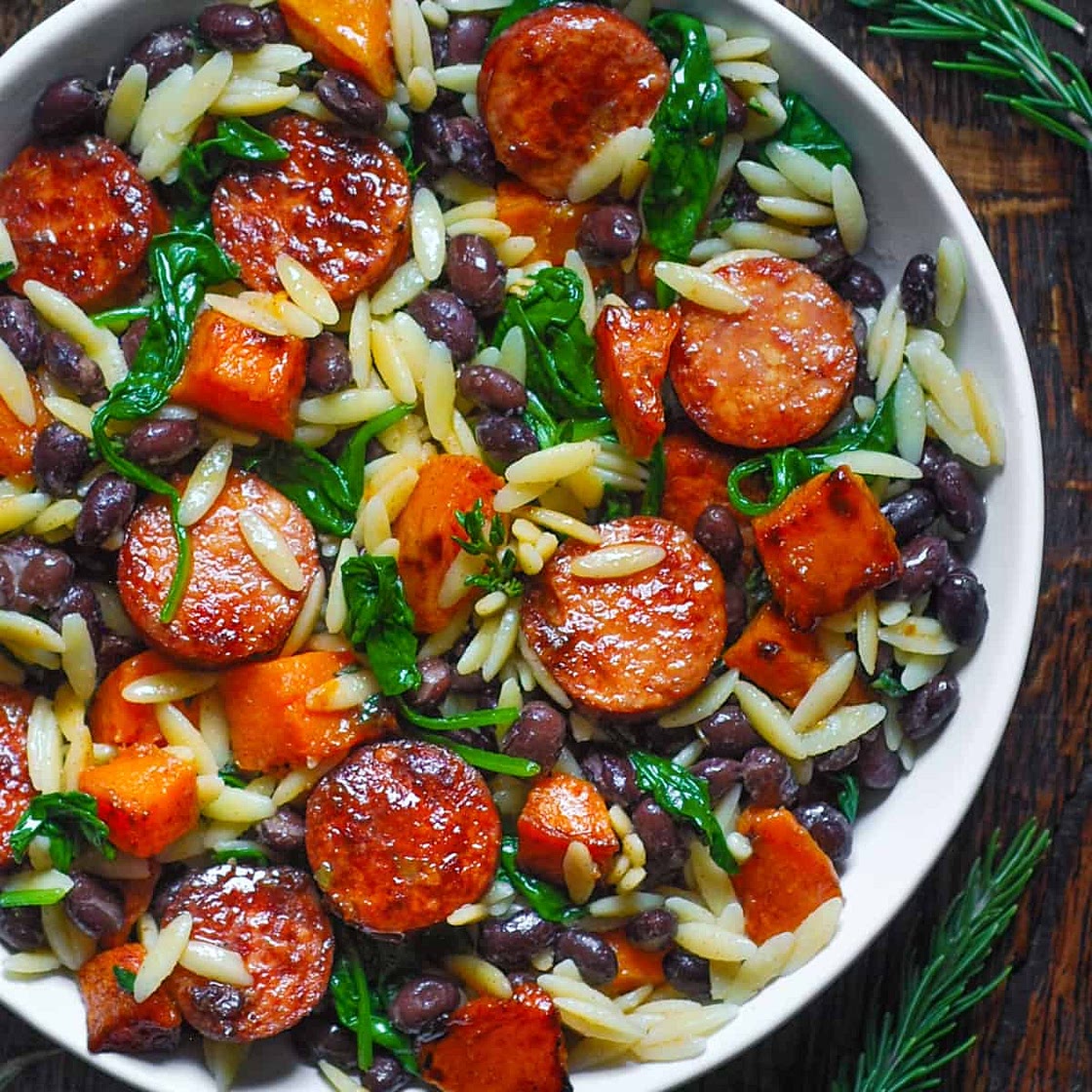 Butternut Squash and Black Bean Orzo with Sausage and Spinach
