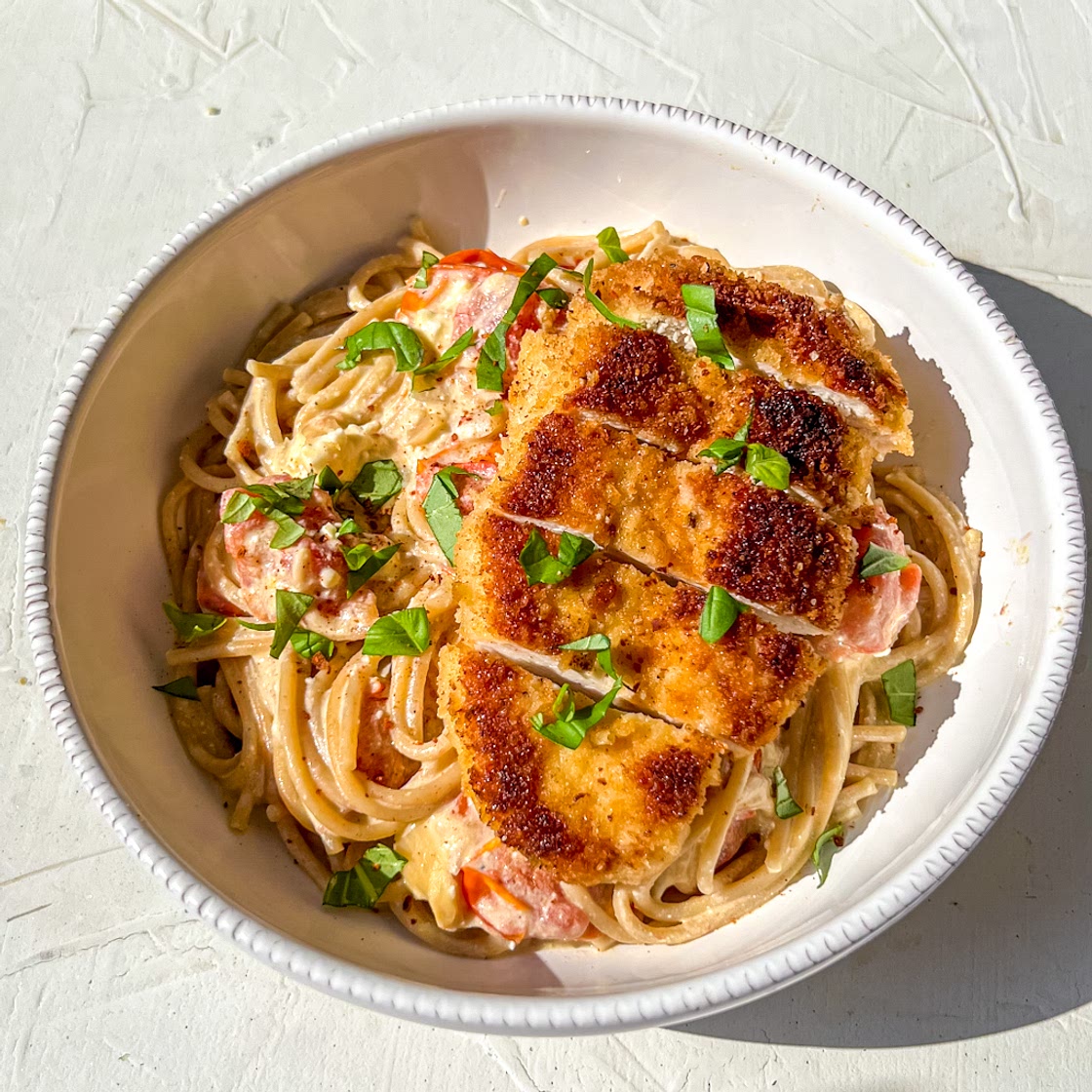 Feta Tomato Pasta with Crispy Chicken