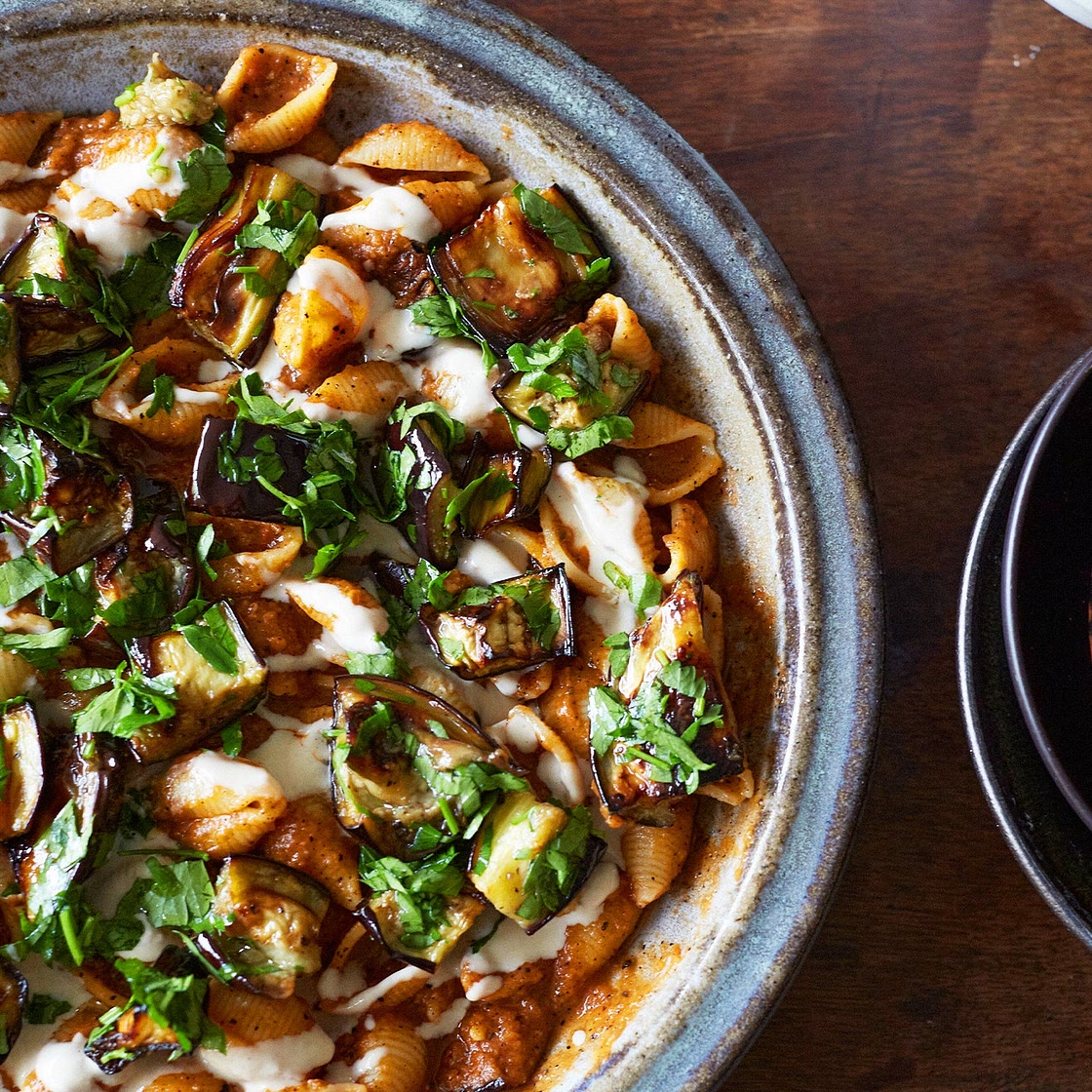 Smoky, creamy pasta with burnt aubergine and tahini