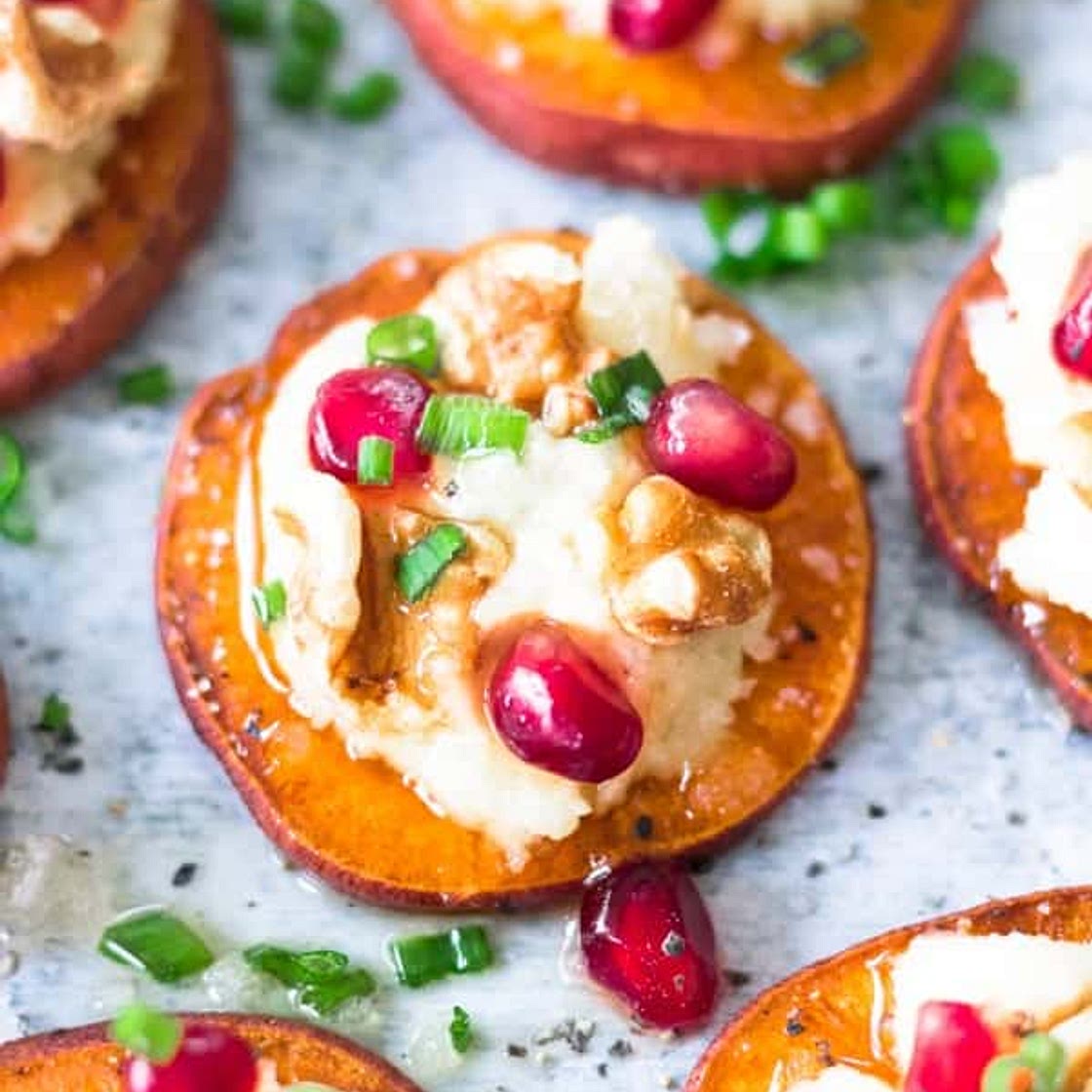 NC SweetPotato Rounds with Vegan Ricotta, Toasted Walnuts, Pomegranates and Chives