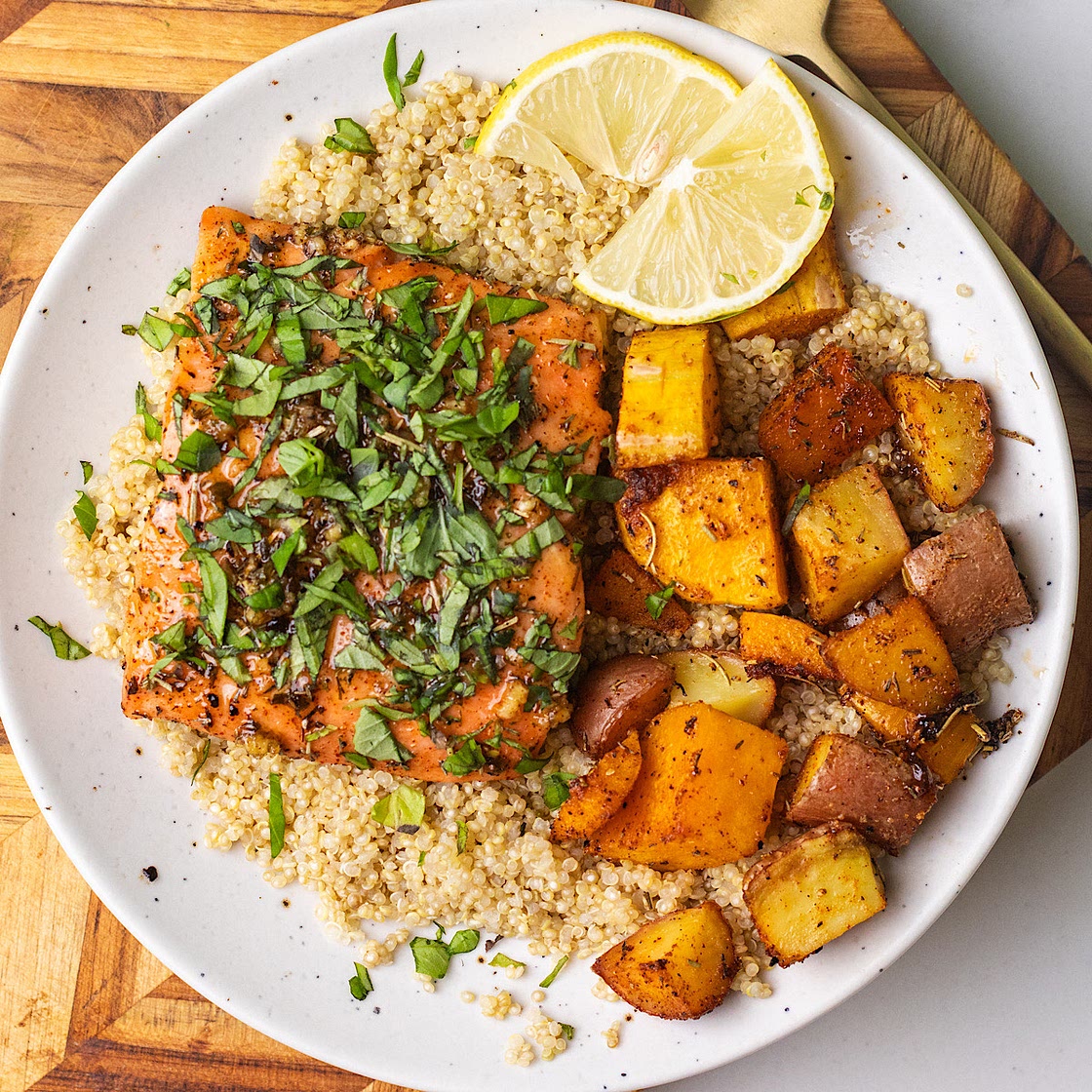 Maple Butter Salmon with Potatoes and Squash