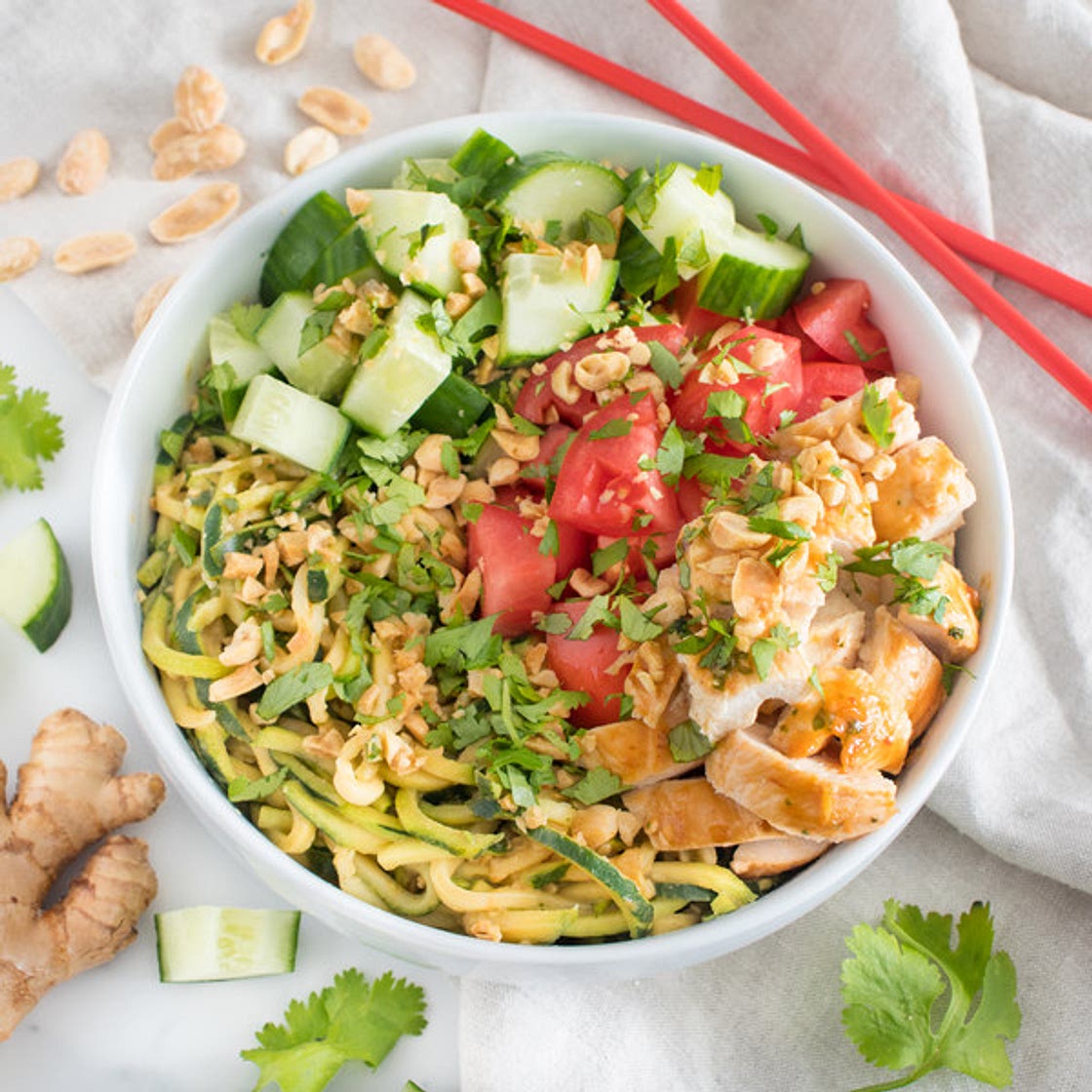 Chicken Satay Bowl with Peanut-Zucchini Noodles, Cucumber & Tomato