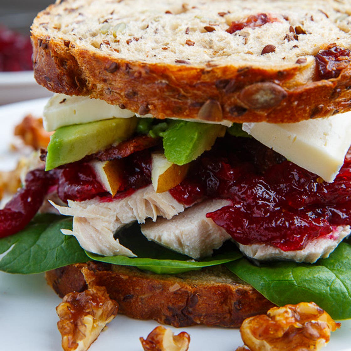 Turkey, Cranberry, Brie and Pear Sandwiches with Avocado and Bacon