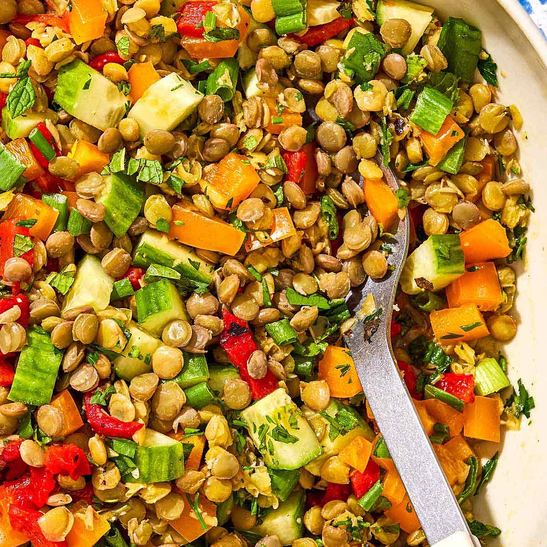French Lentil Salad with Cucumber, Bell Pepper, and Fresh Herbs