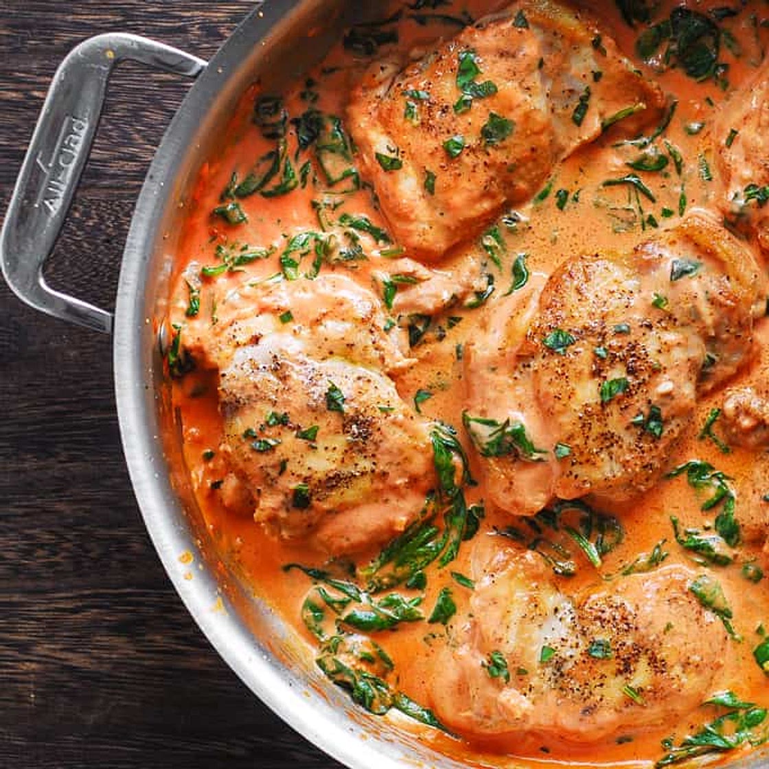 Skillet Chicken Thighs with Creamy Tomato Basil Spinach Sauce