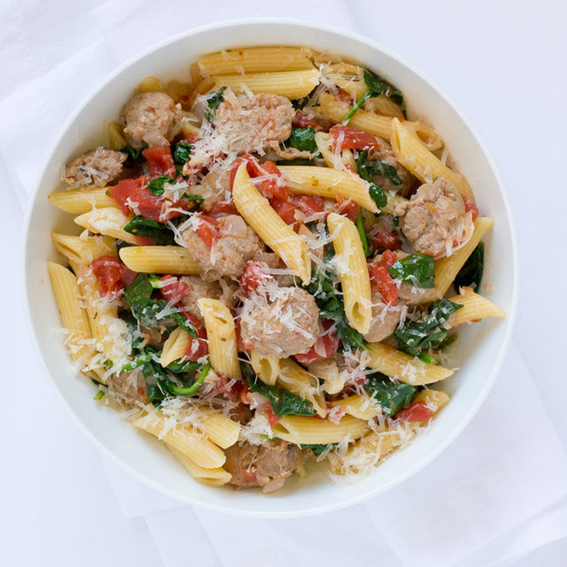 Sausage, Tomato & Spinach Pasta with Parmesan