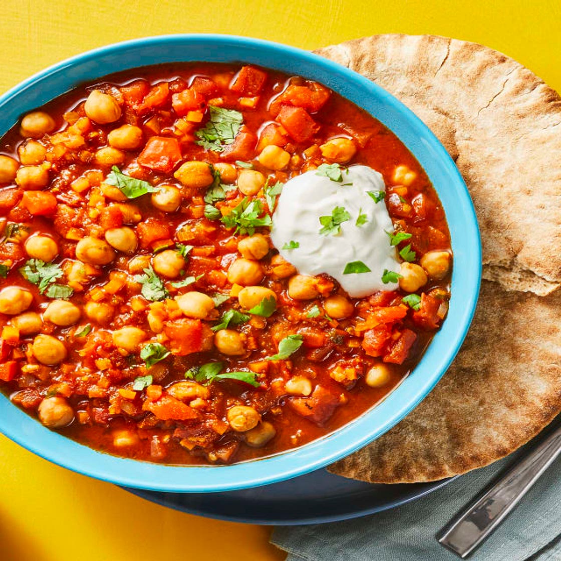Moroccan-Style Chickpea & Tomato Stew with Lemony Yogurt & Garlic Pitas
