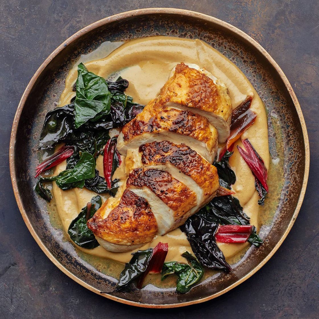 Chicken With Mushroom Purée and Swiss Chard