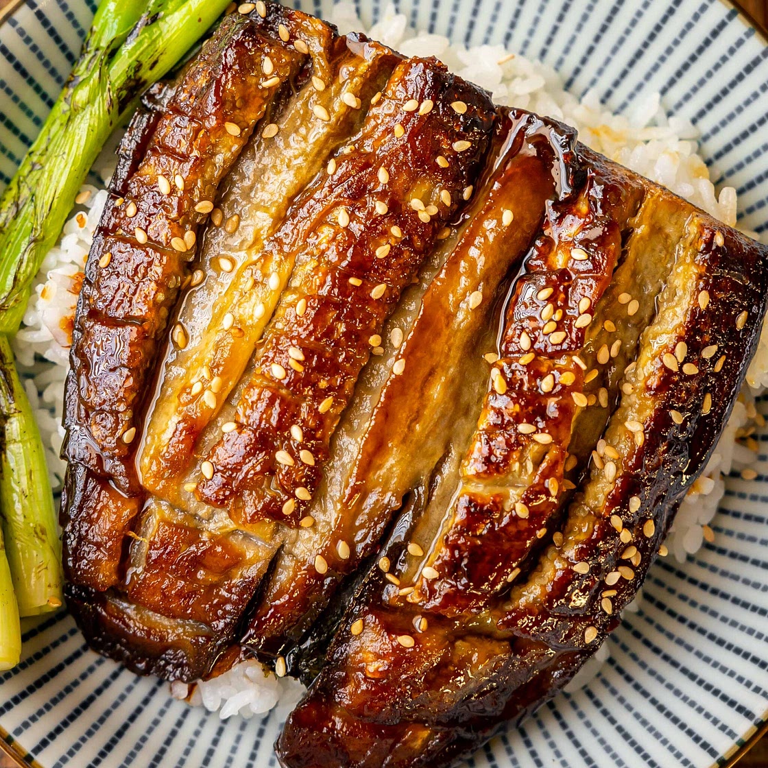 Vegan Unagi Bowl made from eggplant