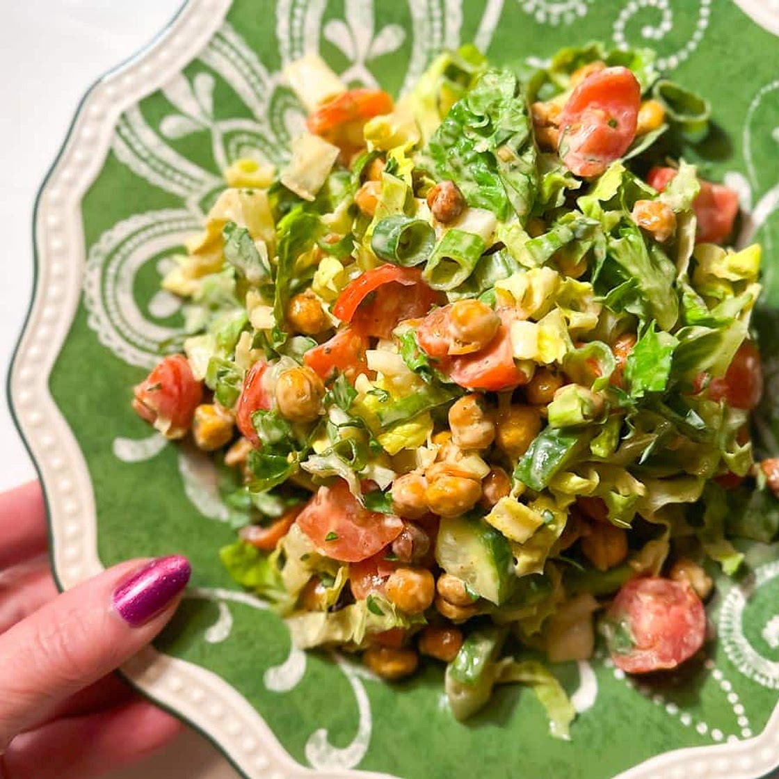Low FODMAP Crispy Chickpea Chopped Salad with Lemon Tahini Dressing