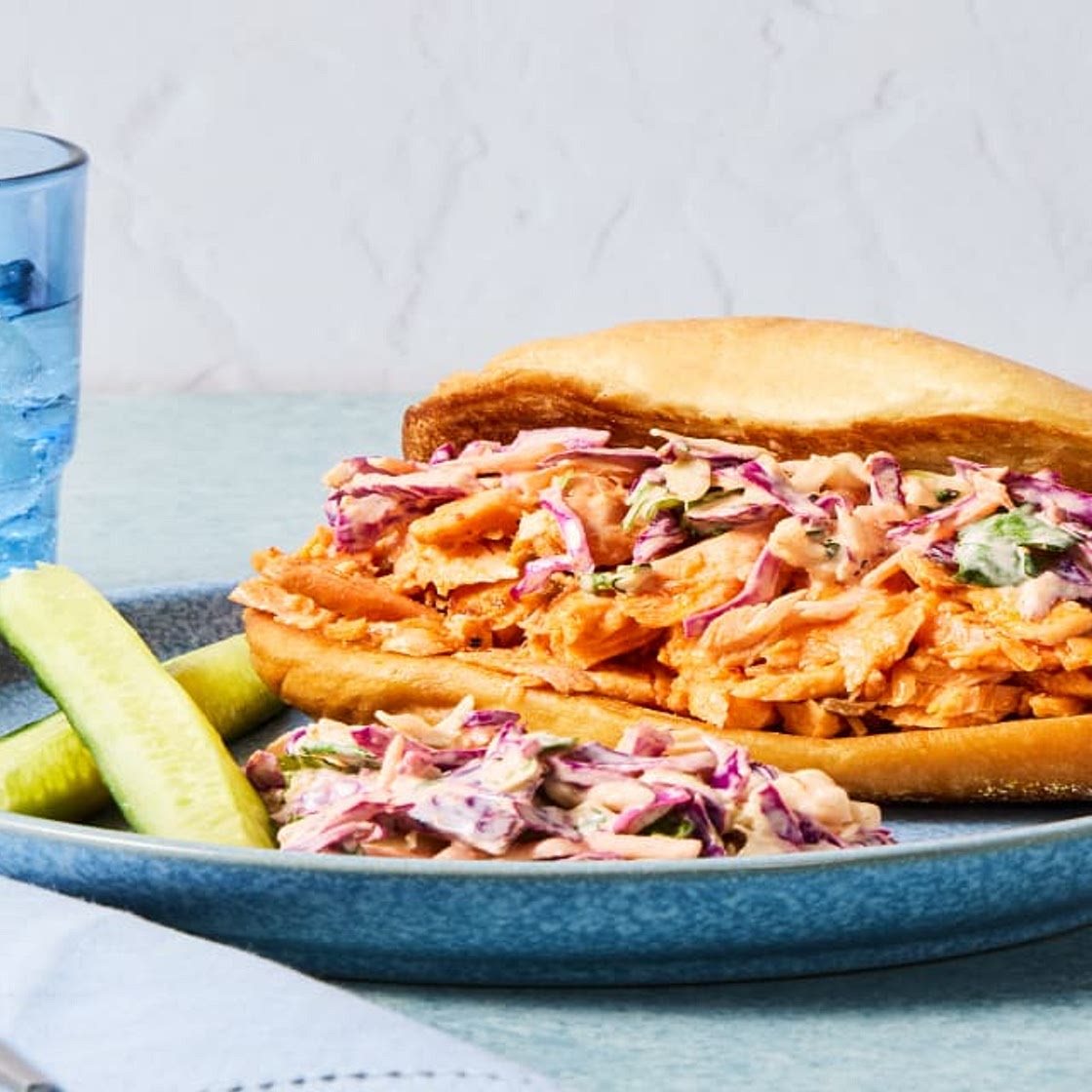 Salmon Banh Mi Baguettes with Spicy Slaw & Cucumber Spears