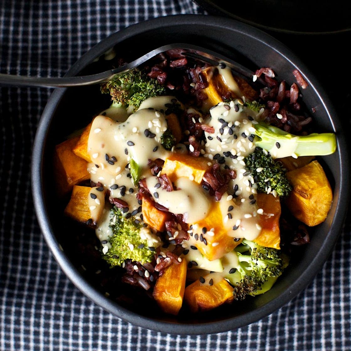 miso sweet potato and broccoli bowl