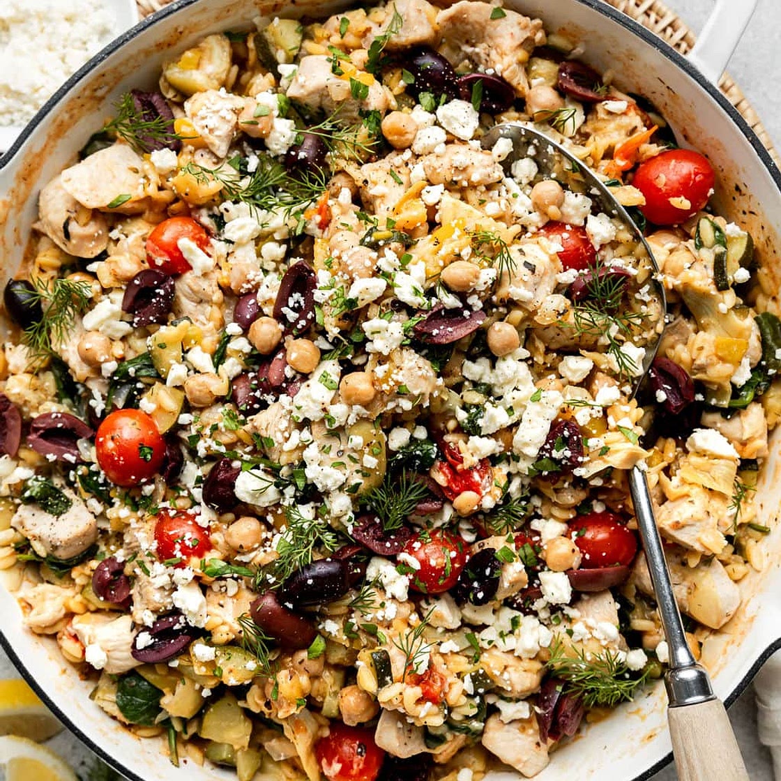 Greek Orzo Skillet with Chicken And Chickpeas