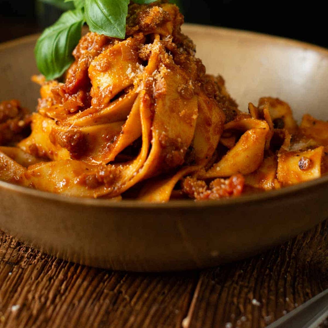Pappardelle with Bolognese made with Red Lentils