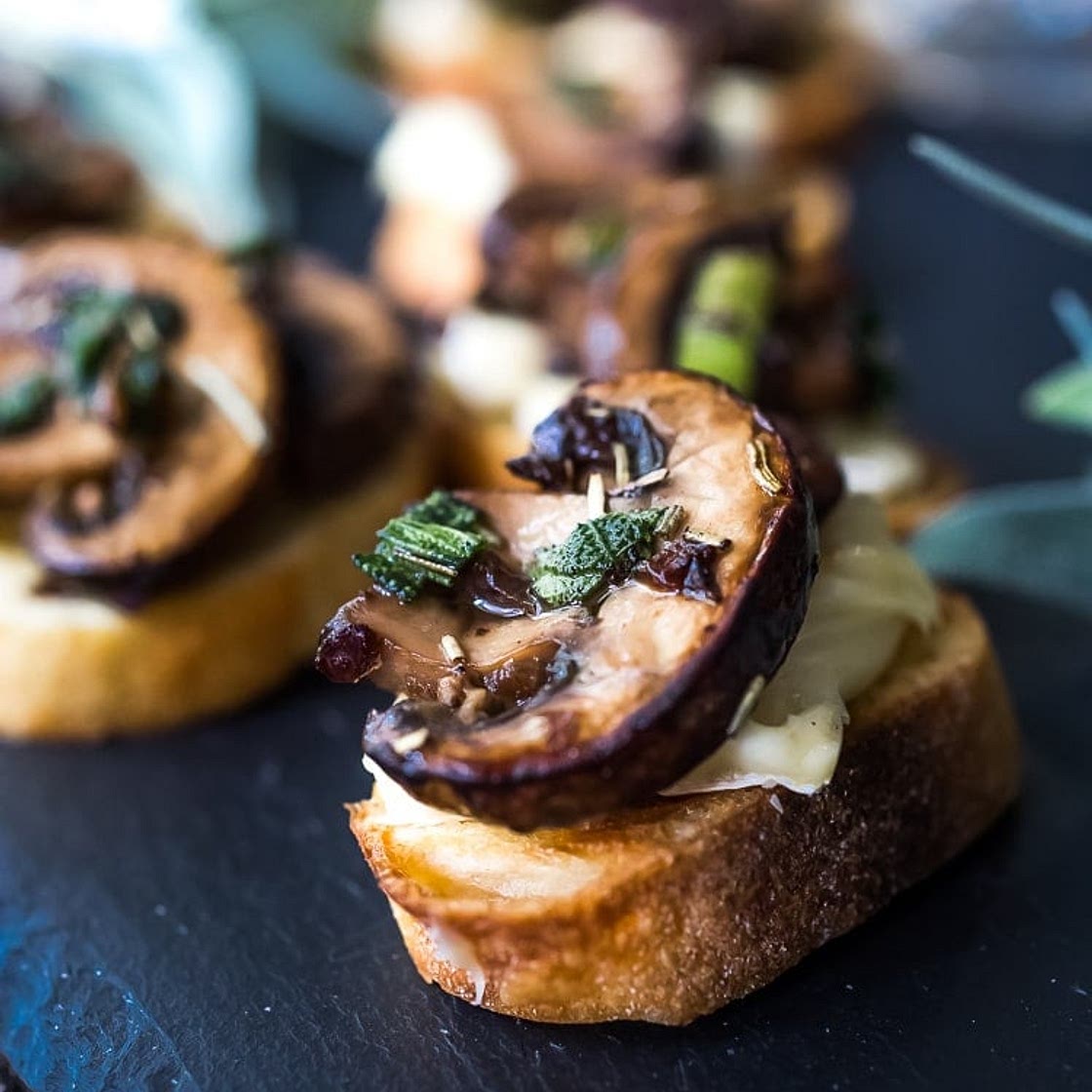 Mushroom Bruschetta with Brie, Sage and Truffle Oil