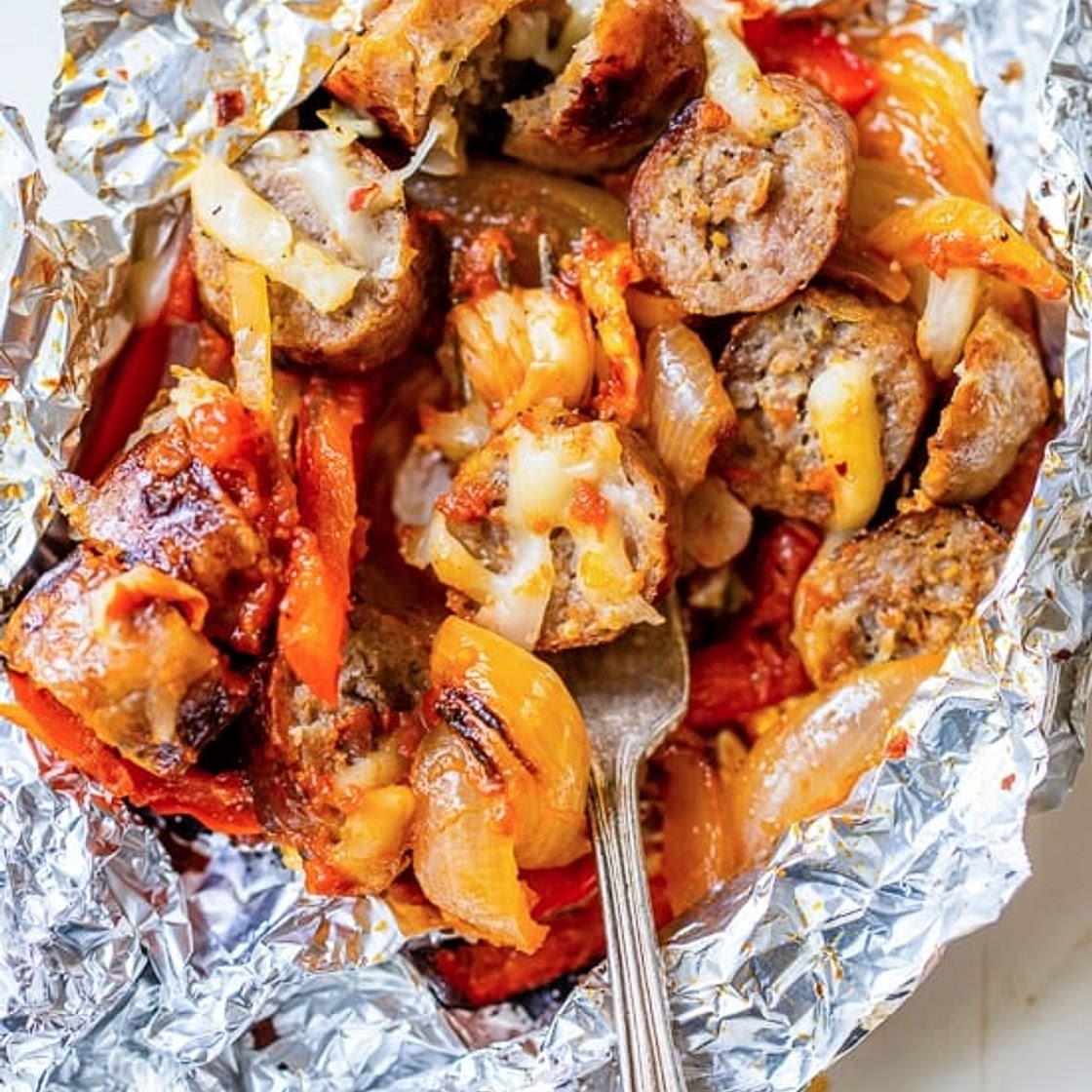 Foil Packet Cheesy Sausage and Peppers