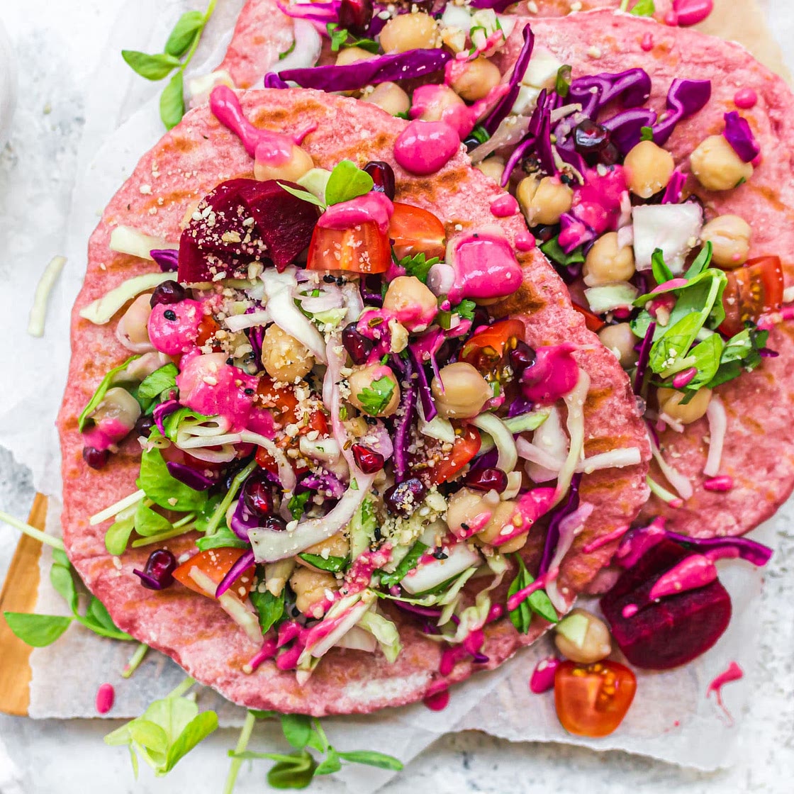 Beetroot Flatbreads with Crunchy Slaw and Chickpeas (Vegan GF-Option)