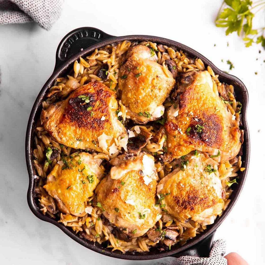 Mushroom Orzo and Chicken Skillet