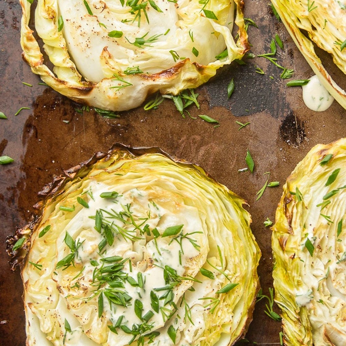 Cabbage Steaks with Tahini Dill Dressing