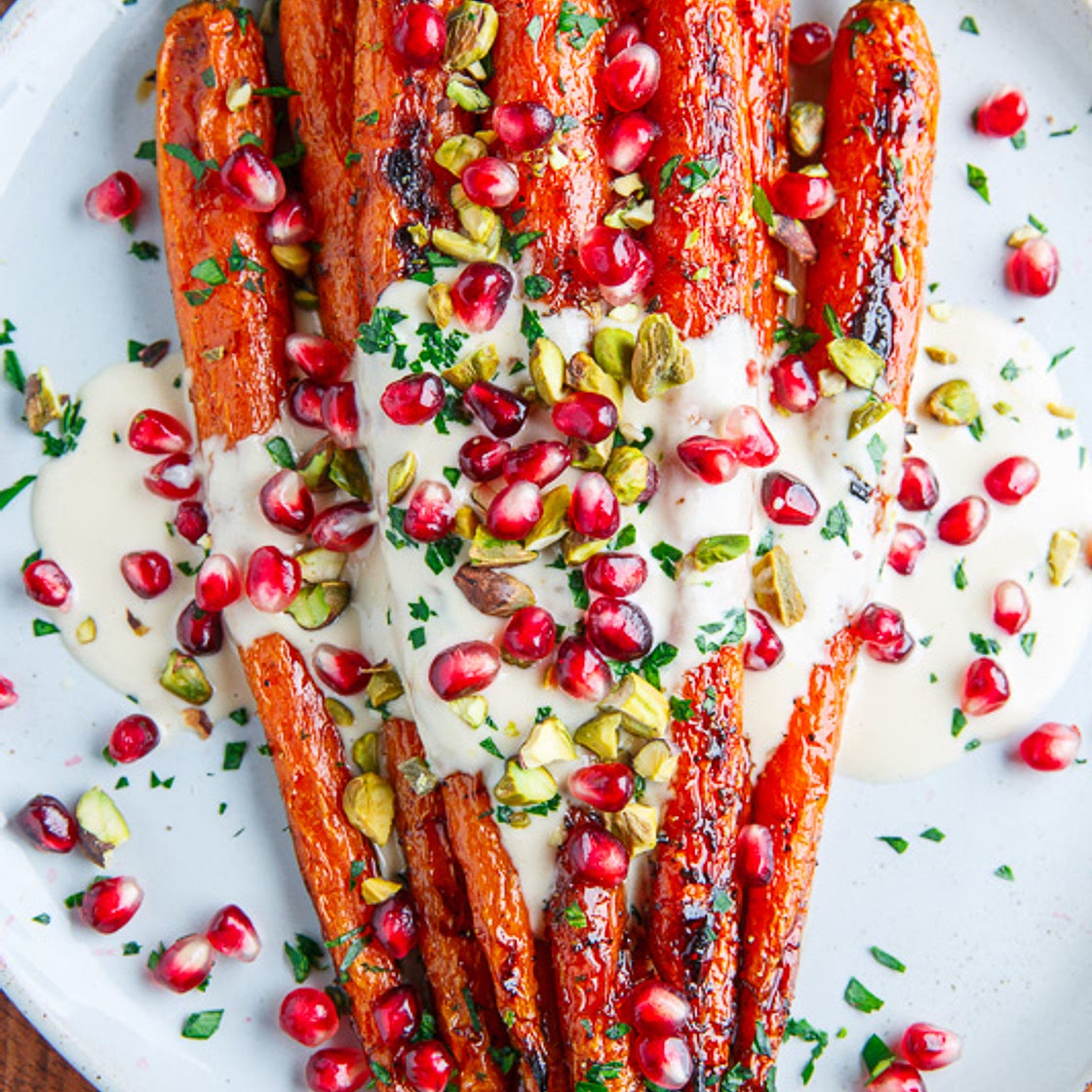 Maple Roasted Carrots in Tahini Sauce with Pomegranate and Pistachios