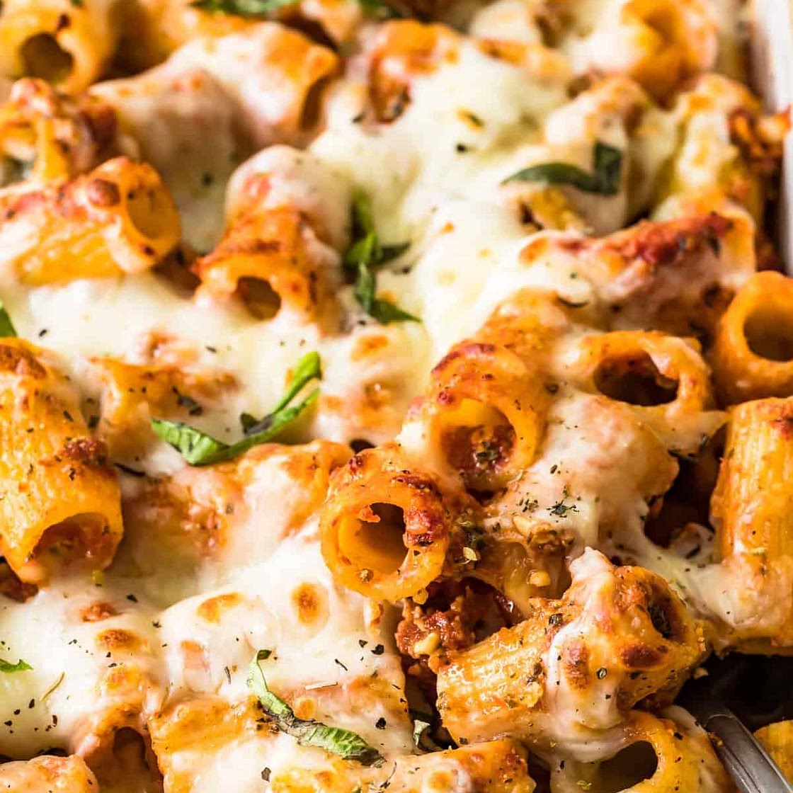 Cheesy Pesto Baked Rigatoni