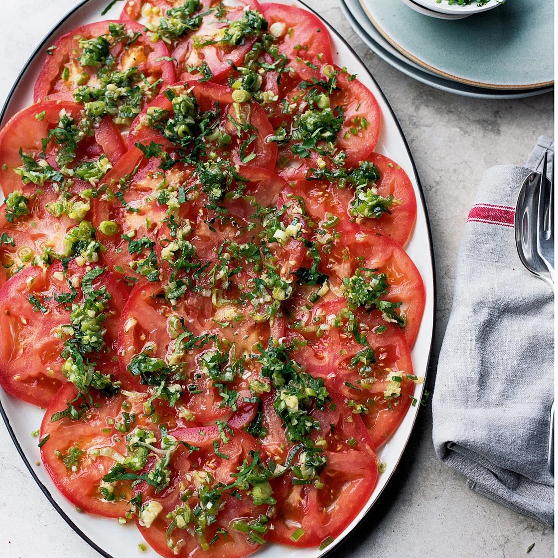 Beef tomato carpaccio with spring onion and ginger salsa