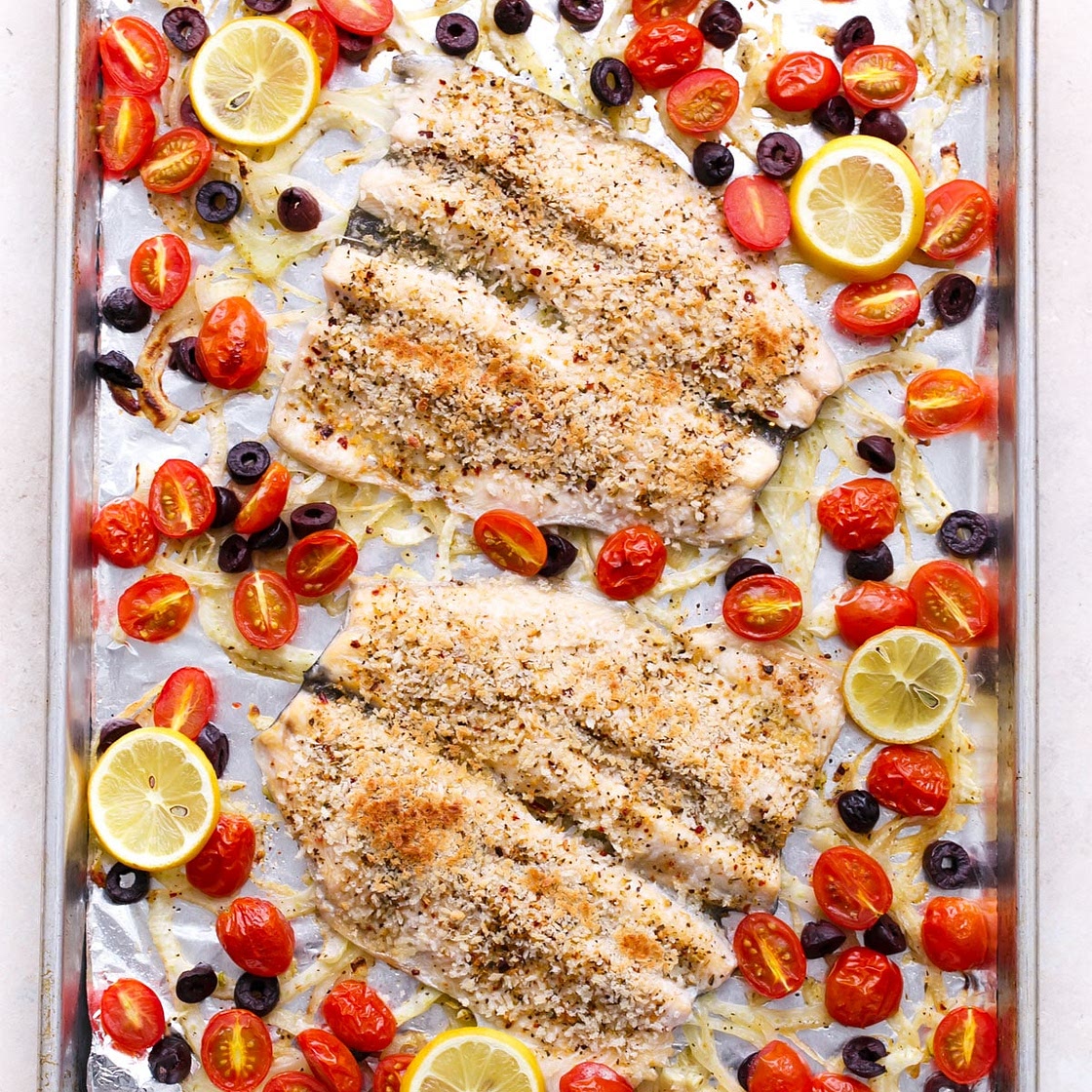 Mediterranean Baked Trout with Olives, Fennel & Tomatoes