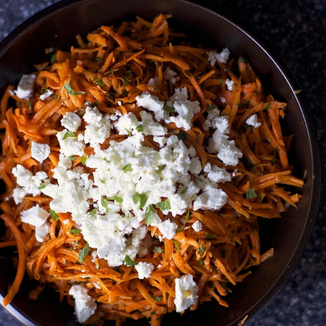 carrot salad with harissa, feta and mint