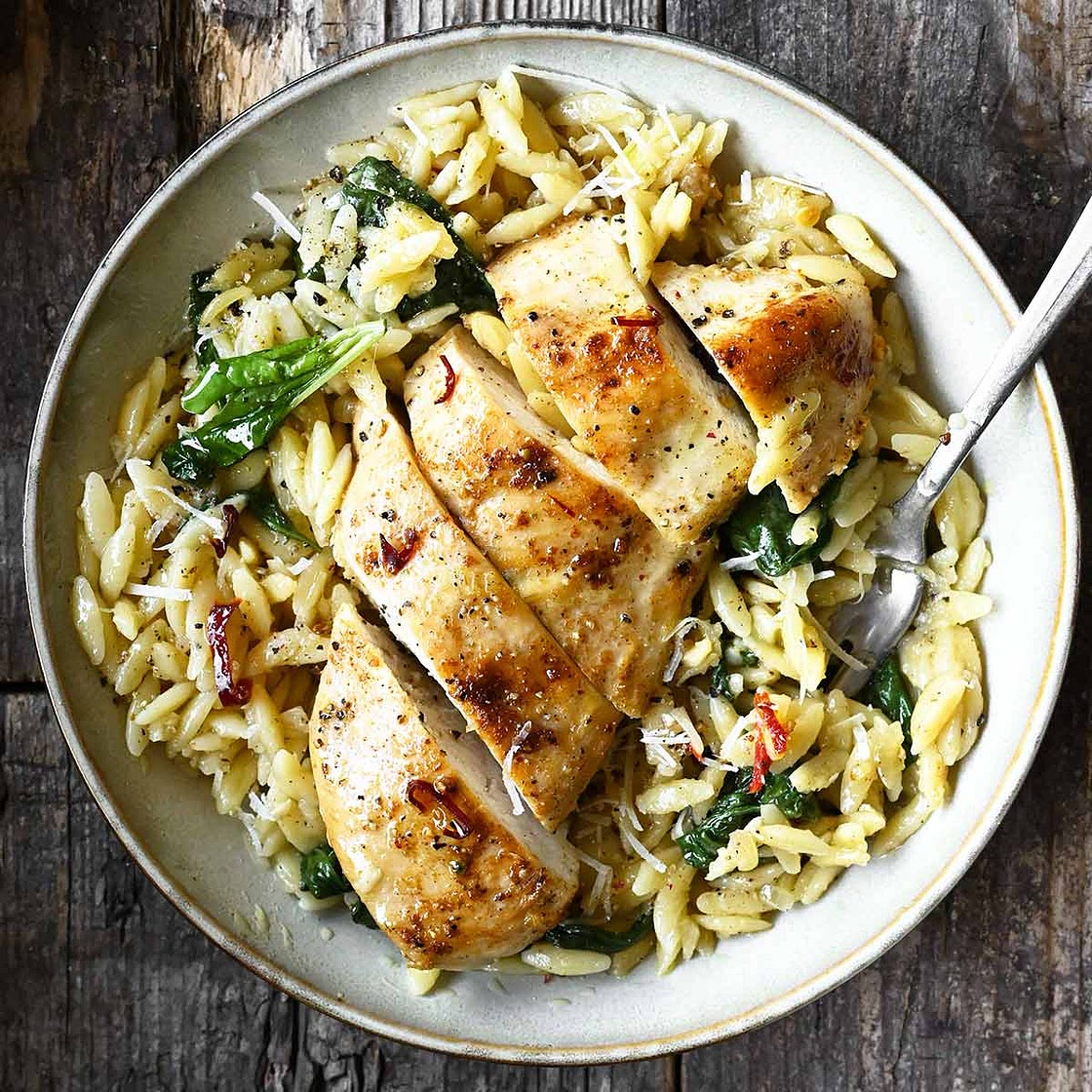 One Skillet Parmesan Chicken and Orzo
