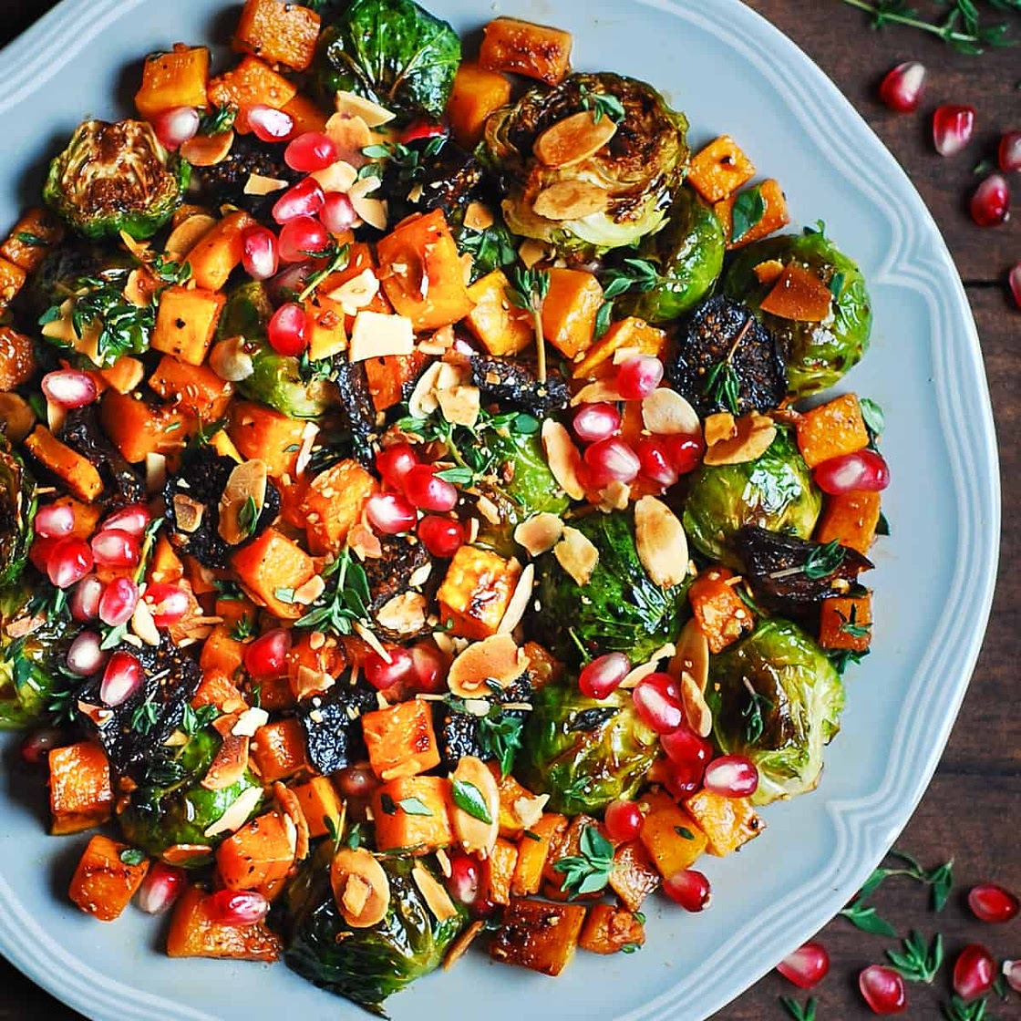 Roasted Brussels Sprouts Salad with Figs, Almonds, Butternut Squash, and Pomegranate Seeds