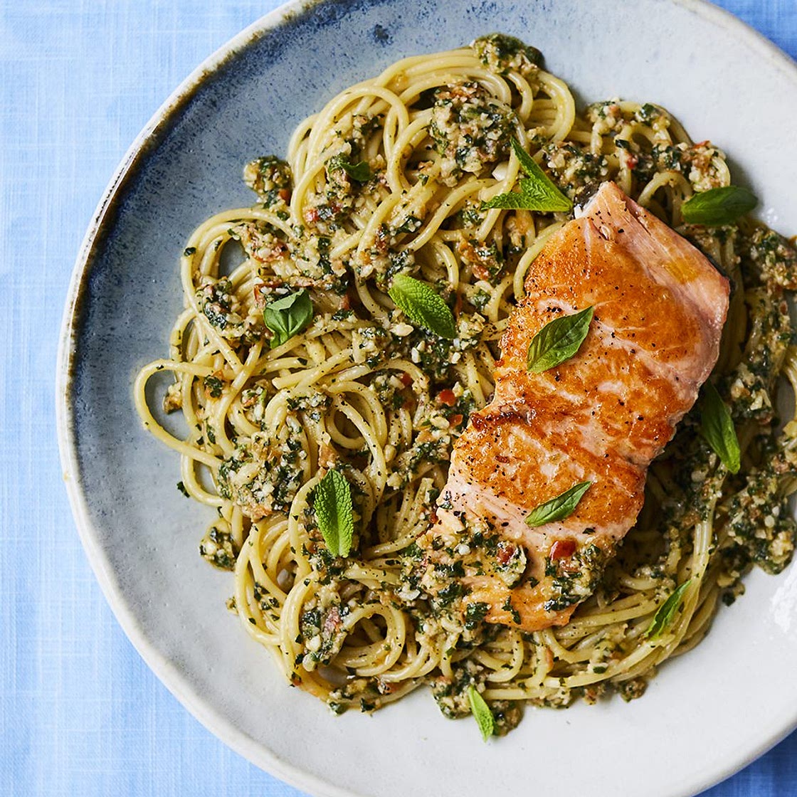 Trapanese pesto pasta with salmon