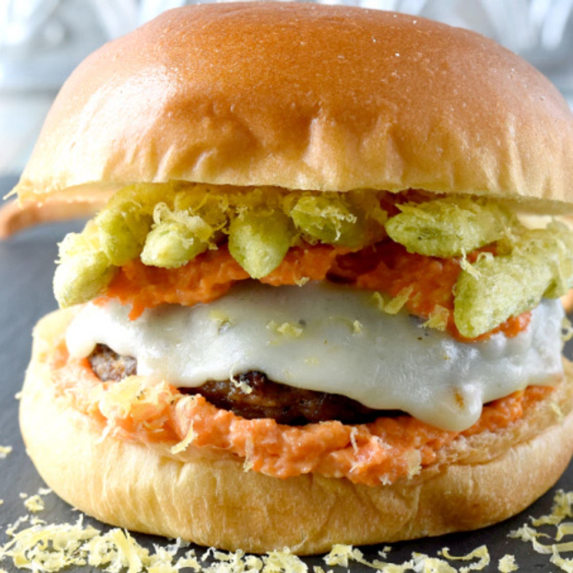 Rabbit Sausage Burger with Carrot Horseradish Aioli