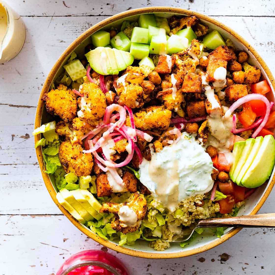 Roasted Cauliflower, Sweet Potato, Chickpea Bowl
