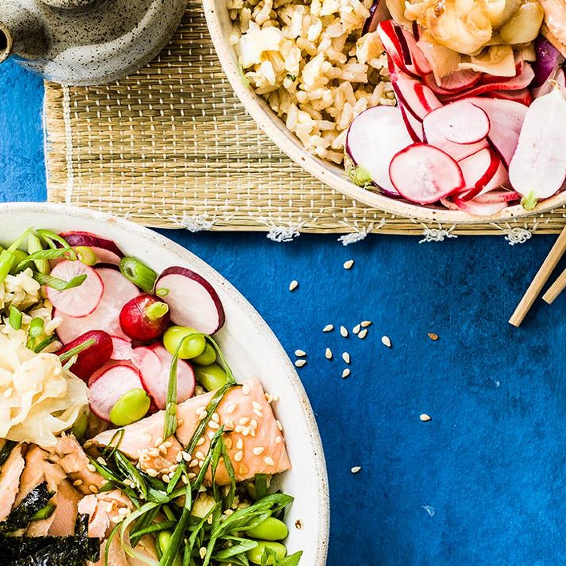 Salmon, egg and brown rice bowls