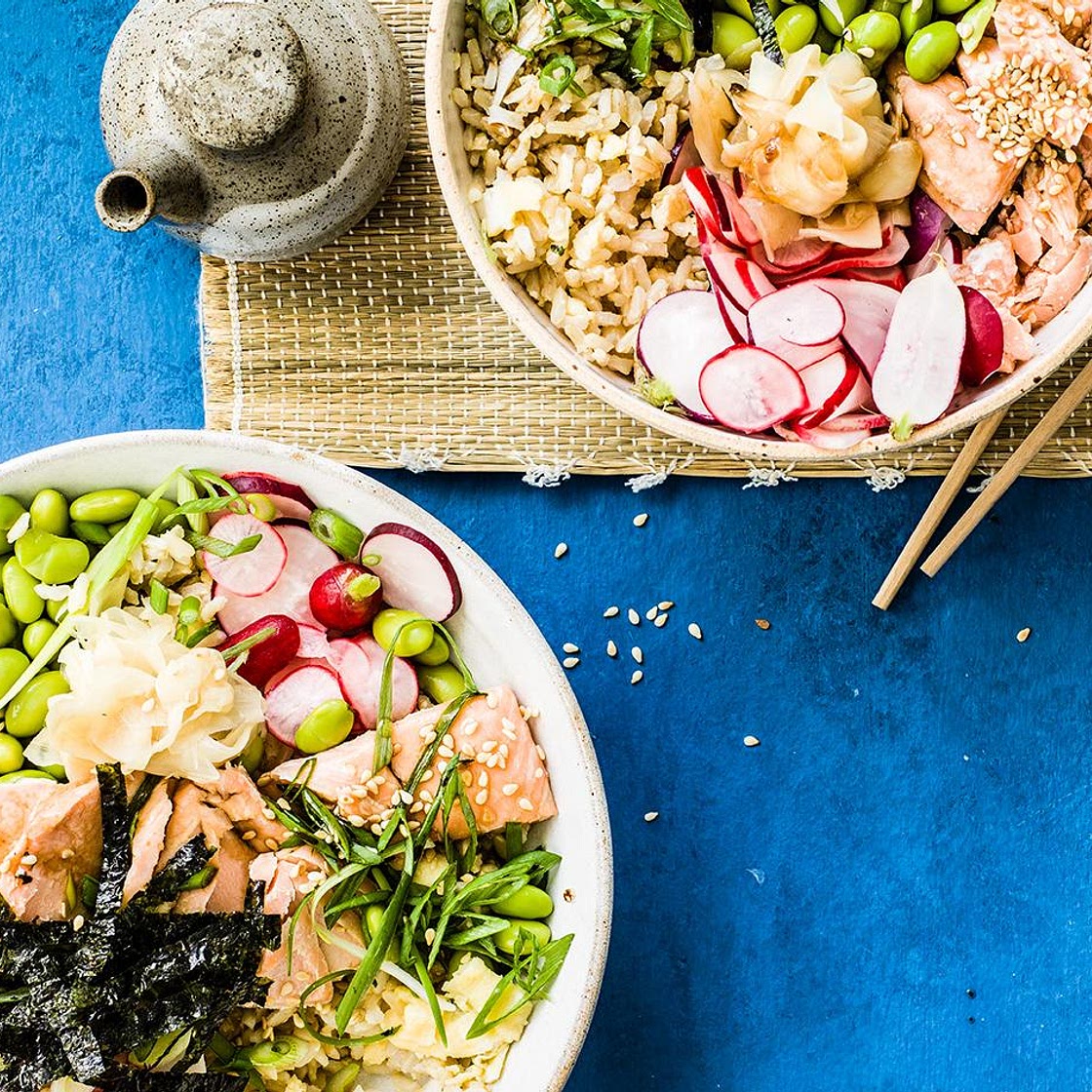 Salmon, egg and brown rice bowls