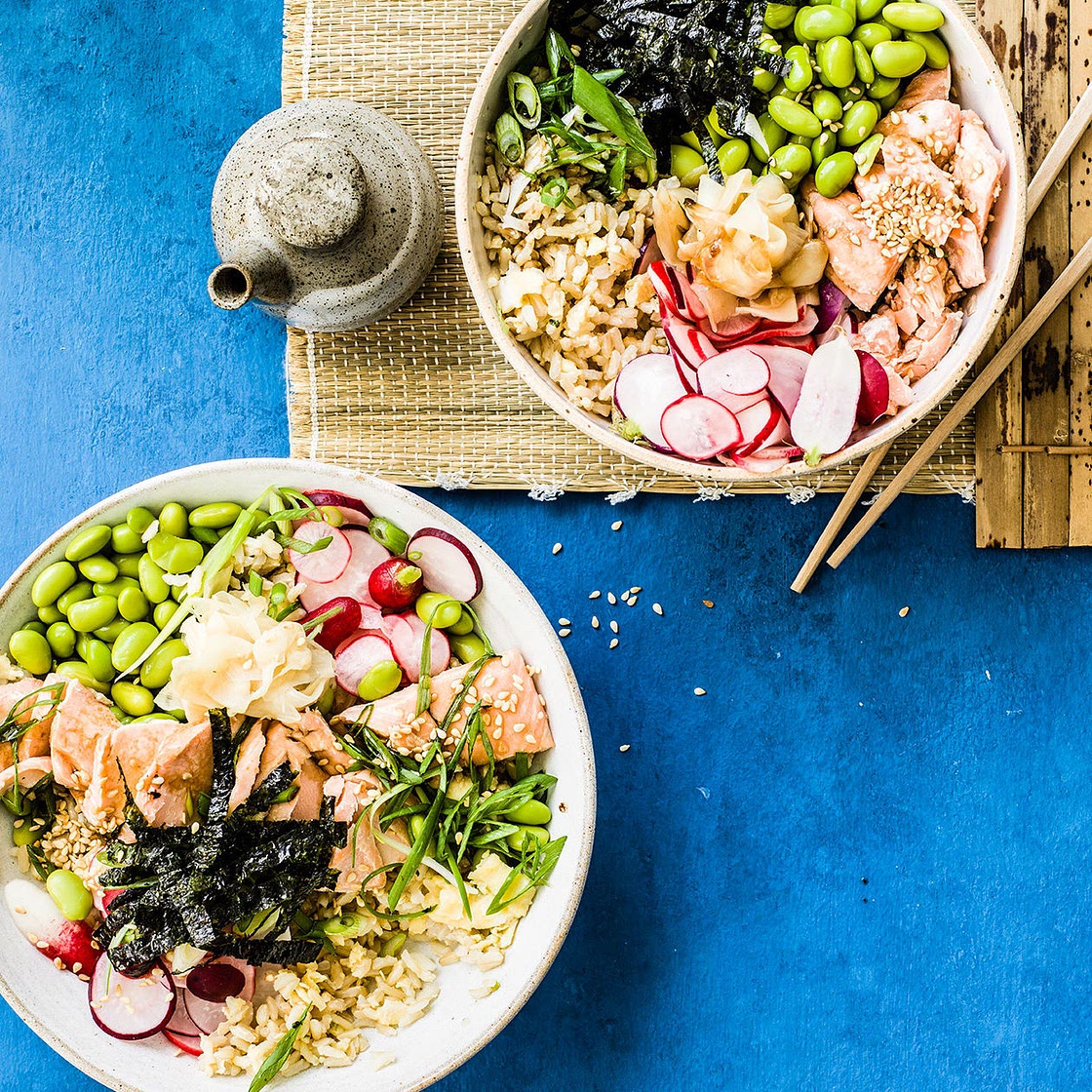 Salmon, egg and brown rice bowls