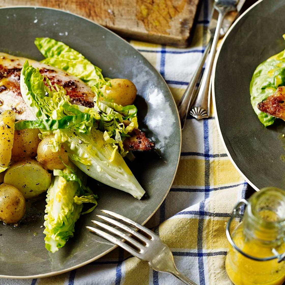 Grilled mackerel with new potatoes and salad