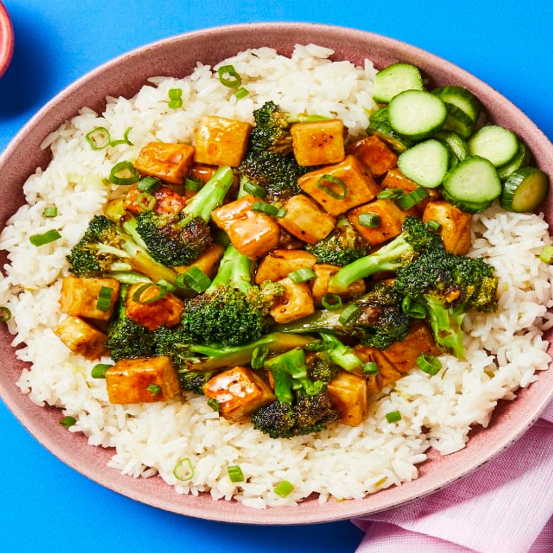 Vegan Sweet & Savory Tofu Bowls with Broccoli, Pickled Cucumber & Sesame Scallion Rice