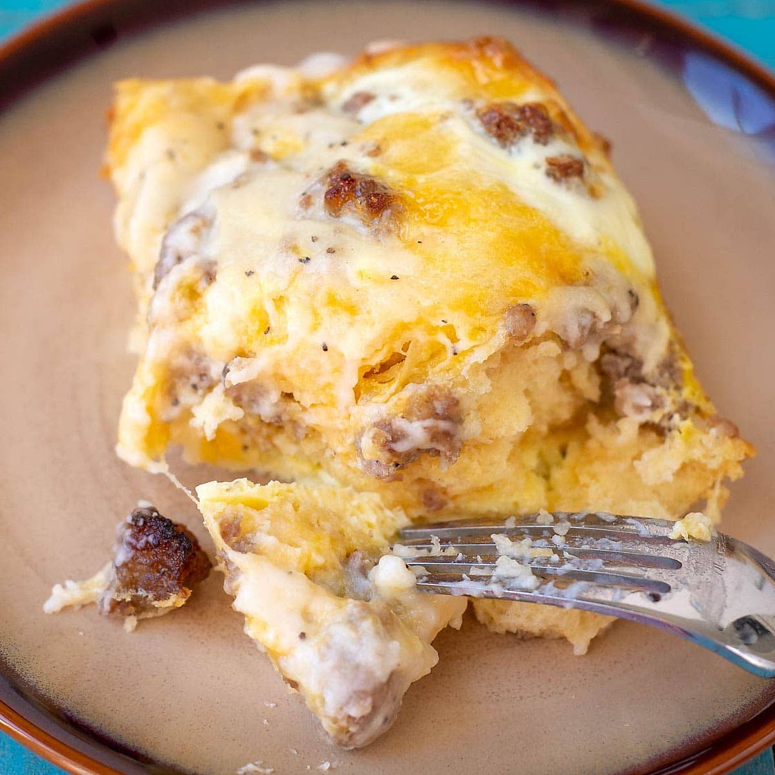 Biscuits and Gravy Casserole with Sausage and Eggs
