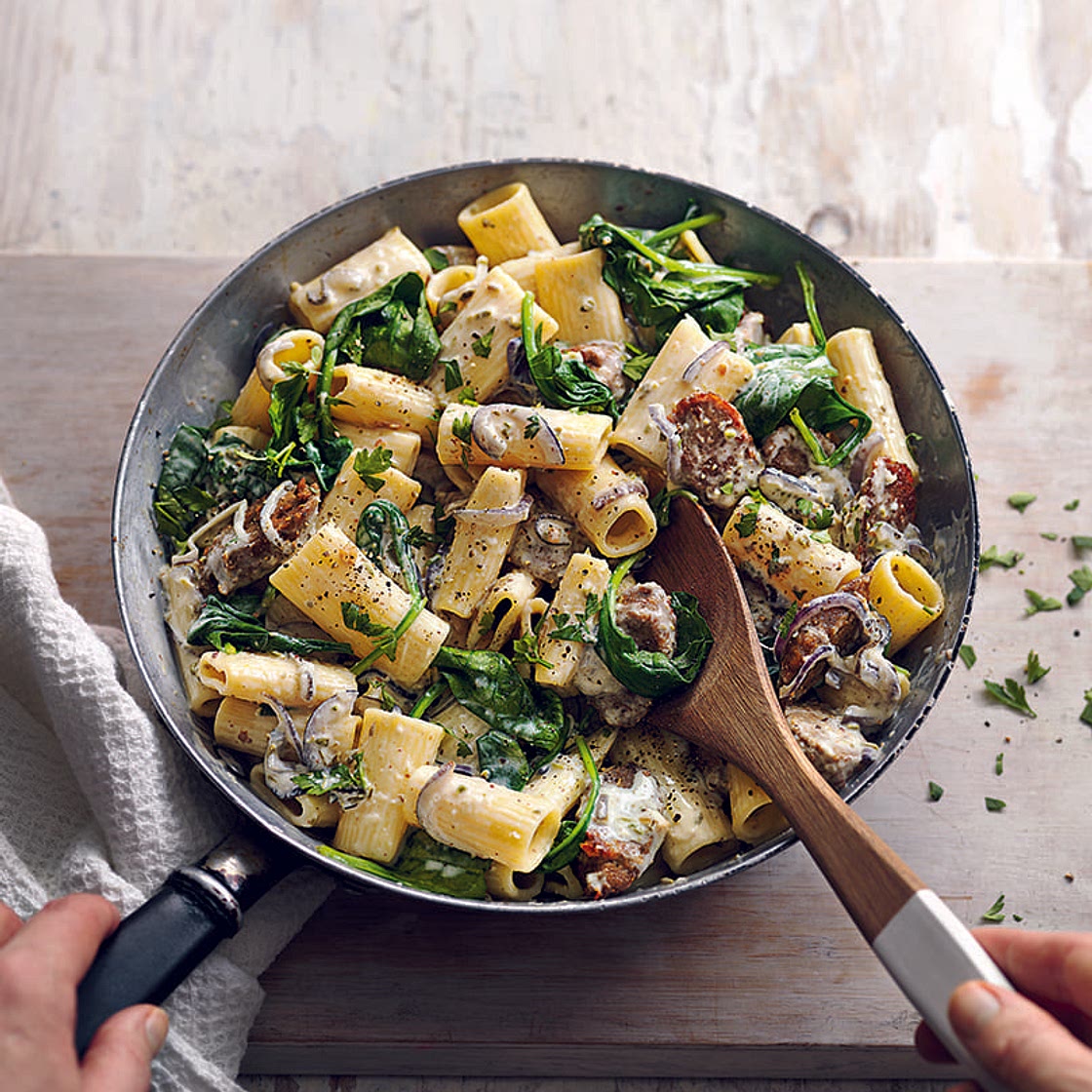 Creamy vegan sausage and spinach pasta