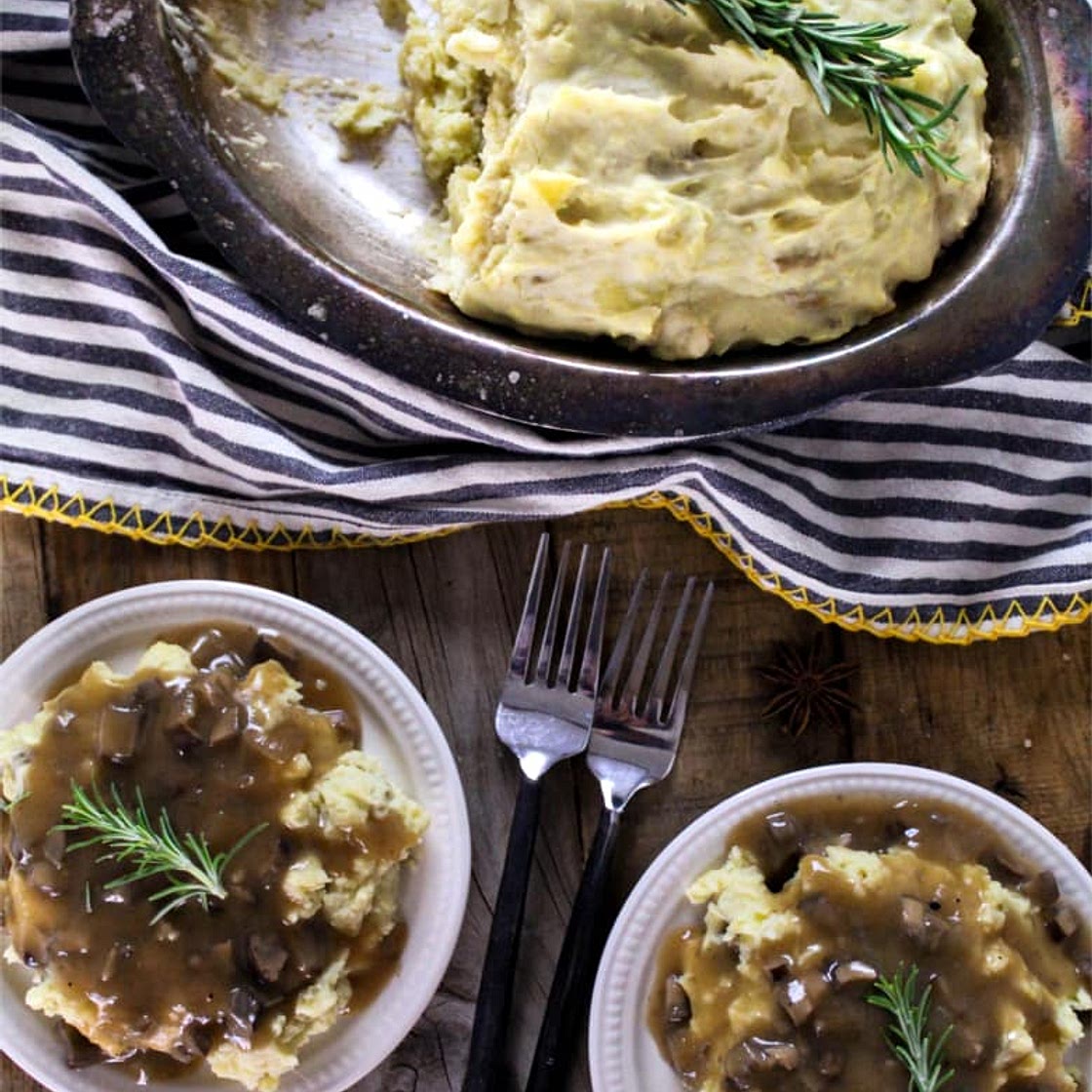 Vegan Mashed Potatoes with Mushroom Gravy