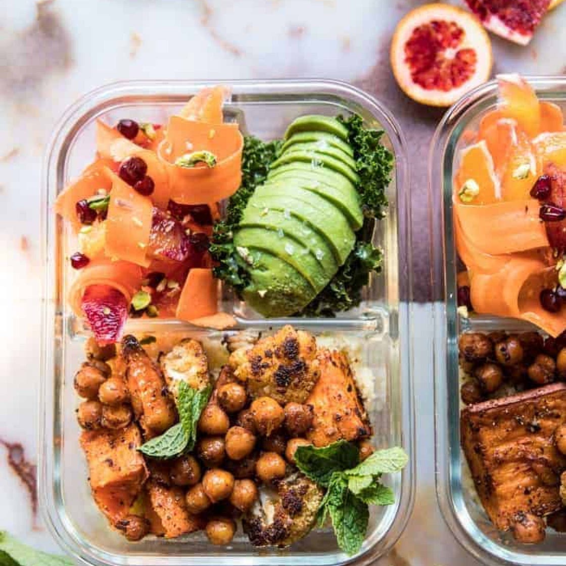 Meal Prep Moroccan Chickpea, Sweet Potato, and Cauliflower Bowls