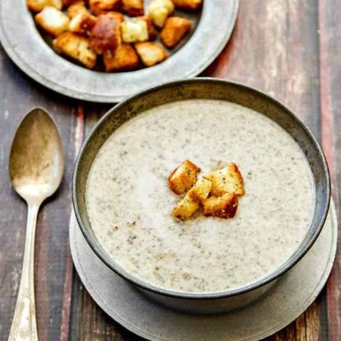 Wild Mushroom Brie Soup with Parmesan Pepper Croutons