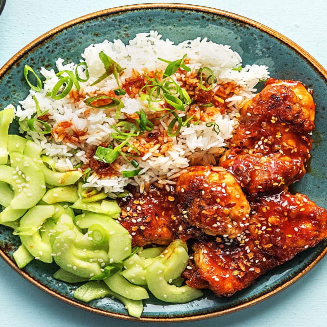 Korean-Style Chicken Thighs with Sesame Cucumber Salad and Jasmine Rice